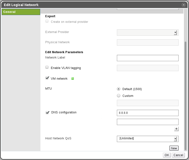 Edit Logical Network Dialog with DNS Configuration Edit Logical Network Dialog with DNS Configuration